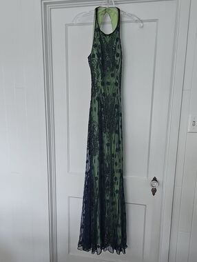 VINTAGE! "Sean Collection", Lime Green Lined Evrning Dress w/ Hand Navy Beading
